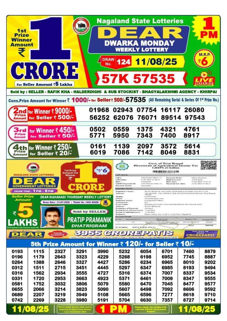 Dear Lottery Result Today 1 PM