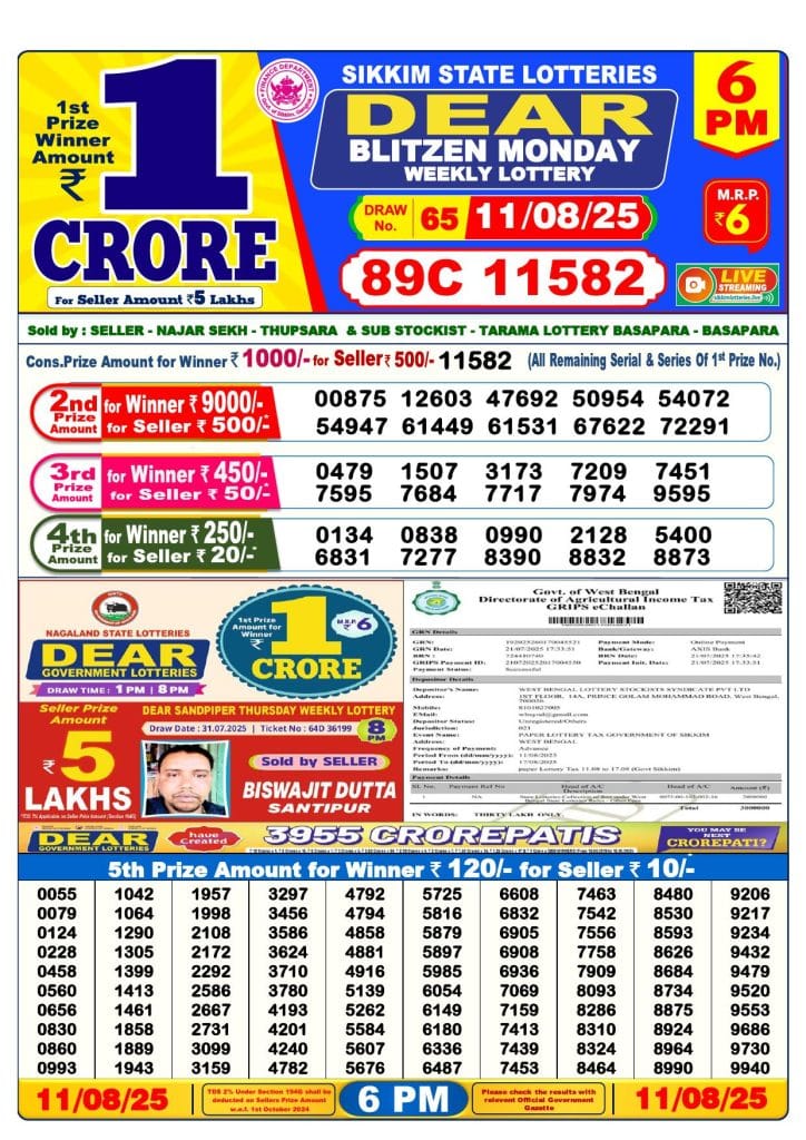 Dear Lottery Live 6 PM Result